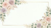 Soft watercolor floral frame with pastel roses and eucalyptus leaves on white background, golden border for wedding invitations and cards.