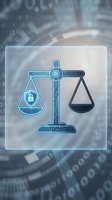 Digital justice scales with cybersecurity shield symbol on futuristic technology background with binary code for legal tech and data protection concepts.
