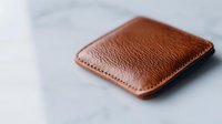 Brown leather wallet with textured surface and minimalist design on light background, macro photography showing fine grain detail and craftsmanship.