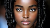 Young African American woman with natural curly black hair and flawless glowing skin looking directly at camera with confident expression. Professional beauty portrait.