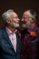 Senior Caucasian male couple in elegant suits with boutonnieres sharing intimate moment against dark background, expressing joy and genuine connection.