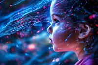 Young woman profile in neon blue light with glowing particles and digital effects creating futuristic atmosphere, cyberpunk style portrait with magical bokeh elements.