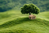 Small wooden house under large green tree on top of grassy hill with blurred background, miniature landscape concept for real estate and eco living.