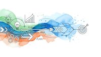Business strategy concept with arrows, lightbulb, target, gears and growth chart on watercolor background for corporate planning presentations.