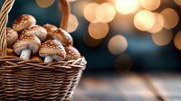 Fresh brown mushrooms in woven basket against blurred bokeh lights background, moody atmospheric food photography with selective focus and copy space.