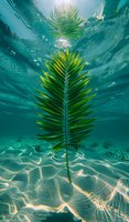 Green palm leaf floating underwater with sunlight creating ripple patterns on sandy bottom in turquoise blue ocean water. Tropical nature photography.