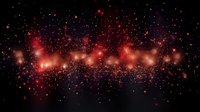 Glowing red particles and sparkles floating in dark space create magical atmospheric effect with bright light spots and shimmering dust for festive background.