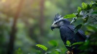 Majestic black eagle with distinctive crest perched among green foliage in natural forest habitat, side profile view against soft bokeh background. Wildlife photography.