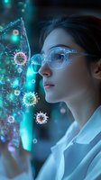 Young Asian female scientist in glasses examining virus molecular structure through advanced visualization technology in blue-tinted laboratory environment.
