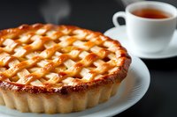 Freshly baked lattice apple pie with golden brown crust on white plate served with hot tea, close up view against dark background. Classic homemade dessert.