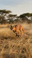 Caracal wildcat running through African savanna grassland with acacia trees in golden sunset light showcasing natural wildlife behavior and speed.