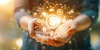 Hands holding glowing healthcare icons with medical symbols and golden light particles, representing digital health technology and innovative medical solutions.
