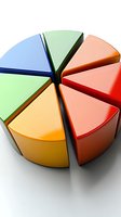 Colorful pie chart segments in blue, green, yellow, orange and red tones on white background, showing business data visualization concept for presentations.