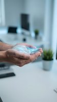 Hands holding glowing holographic sphere in modern office environment representing digital innovation and futuristic technology concepts.