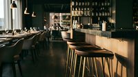 Modern bar interior with wooden counter seating, pendant lighting, and shelved bottle display. Contemporary hospitality venue design for restaurant, café, or lounge concepts.