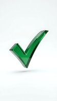 Green glass checkmark symbol floating on white background for business success and approval concepts.