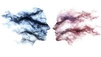 Ethereal smoke silhouettes of male and female faces in blue and pink hues facing each other, artistic double exposure effect creates dreamy romantic atmosphere.