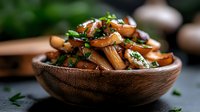 Sauteed mushrooms with fresh herbs in wooden bowl, cooked fungi dish ready for serving, culinary ingredient for healthy cooking and gourmet meals.
