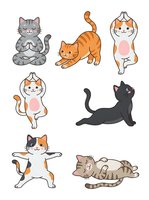 Cute cartoon cats in various playful poses and colors including gray tabby, orange, calico, black, and brown striped characters. Isolated clipart collection ready for design projects, children's illustrations, t-shirts, stickers, and greeting cards.