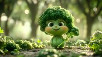 Cute fantasy forest creature with green curly hair holding broccoli in magical woodland setting with bokeh lights and soft natural atmosphere.