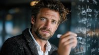 Confident middle-aged Caucasian male professor with beard writing mathematical equations on blackboard in university classroom setting.