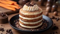 Layered carrot cake with cream cheese frosting and chocolate shavings on dark plate. Homemade dessert with nuts and spices for bakery menu design.