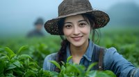 Young Asian female farmer wearing straw hat and denim shirt smiling in vegetable field. Agriculture, farming, rural lifestyle, sustainable food production.