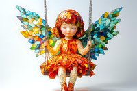 Whimsical fairy doll with stained glass wings sitting on swing, wearing orange dress with red hair, mosaic-style decorative art piece on light background.