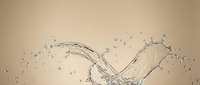 Water splash with dynamic droplets and flowing motion against neutral beige background for beverage advertising and refreshment concepts.