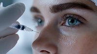 Close-up of cosmetic injection procedure near eye area showing syringe and gloved hand performing treatment on female patient with blue eyes and flawless skin.