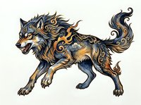 Ornate wolf with flowing mane and decorative swirls in gold and navy tones, isolated on white background, ready for design projects and merchandise applications.
