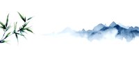 Minimalist watercolor mountain landscape with green bamboo leaves, creating zen atmosphere in Asian style. Soft blue misty peaks fade into white background.