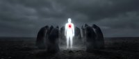 Glowing white figure with red heart surrounded by dark shadowy forms in stormy landscape, symbolizing hope, love, and spiritual awakening.
