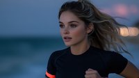 Young athletic woman with flowing hair jogging at dusk along seaside. Dramatic moody evening sky and bokeh lights create atmospheric outdoor fitness scene.