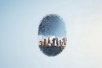 Fingerprint silhouette revealing urban cityscape with skyscrapers and buildings inside on light blue background, creative security concept for identity protection.