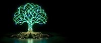 Glowing green wireframe tree with intricate root system on black background. Digital art concept for technology, growth, nature and innovation projects.