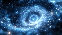 Luminous spiral galaxy in deep space with glowing stars and cosmic dust creating mesmerizing swirls of blue light against dark universe background.
