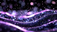 Magical purple waves with glowing particles and bokeh effects flow through starry space creating dreamy cosmic atmosphere for fantasy backgrounds.