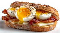 Open-faced sandwich with runny soft-boiled eggs, crispy bacon strips on artisan bread. Gourmet breakfast or brunch meal with golden yolk dripping down.