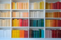 Books arranged by color on white wooden shelves creating rainbow spectrum display, modern minimalist bookshelf organization for home library or bookstore interior.