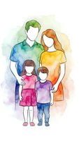 Watercolor family portrait with father, mother and two children in colorful clothing, artistic style for greeting cards and family-themed designs.