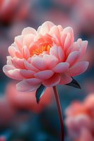 Delicate coral peony bloom with layered petals against blurred teal background, soft natural lighting creates dreamy atmosphere, macro floral photography for wall art and decor.