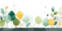 Watercolor forest illustration with stylized green and yellow leaves on white background with splatter texture for nature-themed designs.