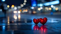 Two red hearts resting on wet urban pavement at night with blurred city lights in background, symbolizing love and romance in urban settings.