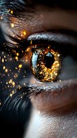 Macro shot of mesmerizing golden eye with magical sparkles and light particles creating ethereal atmosphere. Artistic close-up shows intricate details of iris and lashes.