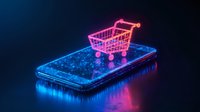 Glowing neon shopping cart on smartphone screen with blue and pink light effects against dark background, representing digital commerce and mobile shopping.