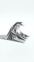 Abstract geometric sculpture with angular metallic surfaces and sharp edges creating dramatic shadows on white background for modern design projects.