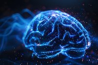 Glowing blue digital brain visualization with neural network connections and particle effects on dark background, perfect for artificial intelligence and neuroscience concepts.