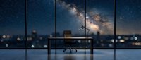 Silhouetted office desk and chair facing floor-to-ceiling windows overlooking night cityscape with glowing milky way galaxy visible in starry sky above urban lights below.