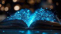 Open book with magical blue glowing particles and sparkles rising from pages against dark bokeh background for fantasy storytelling concepts.